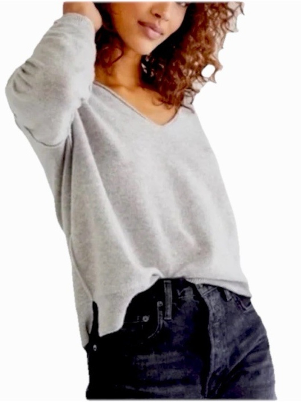 Free People Light Gray V-Neck Sweater